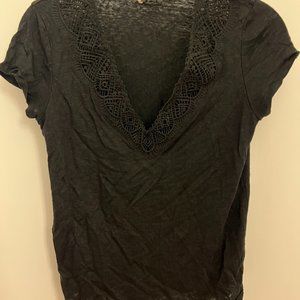 Sezane V-Neck Black T Shirt Linen with Lace detail around neckline (Size small)